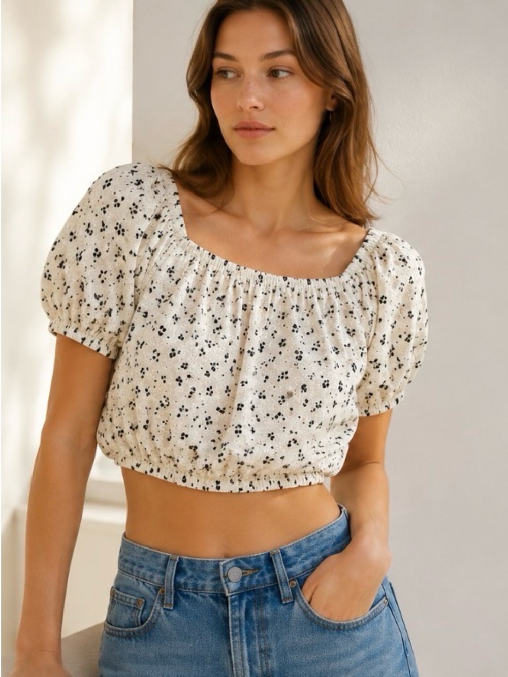 Alice Blue Cream Floral Puff-Sleeve Eyelet Blouse S